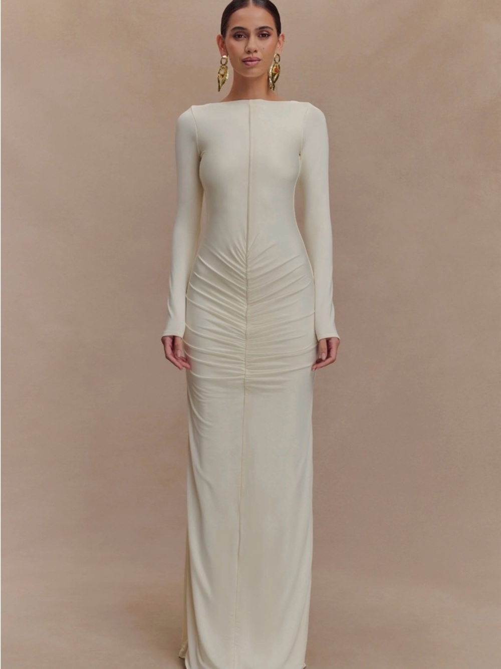 Meshki Cream Long Sleeve Ruched Maxi Dress